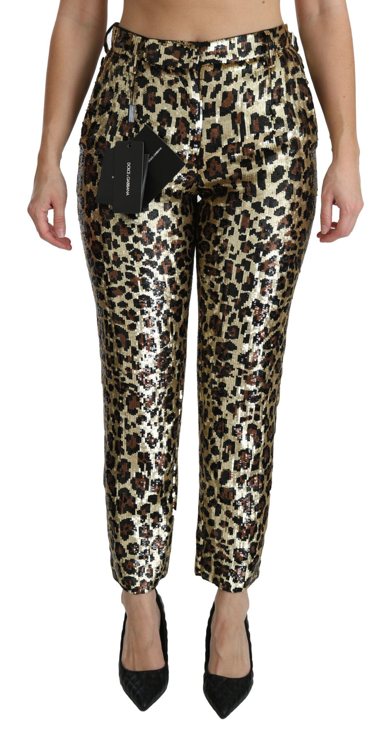 Brown Leopard Sequined High Waist Pants-Dolce & Gabbana-LabelTerrace.com