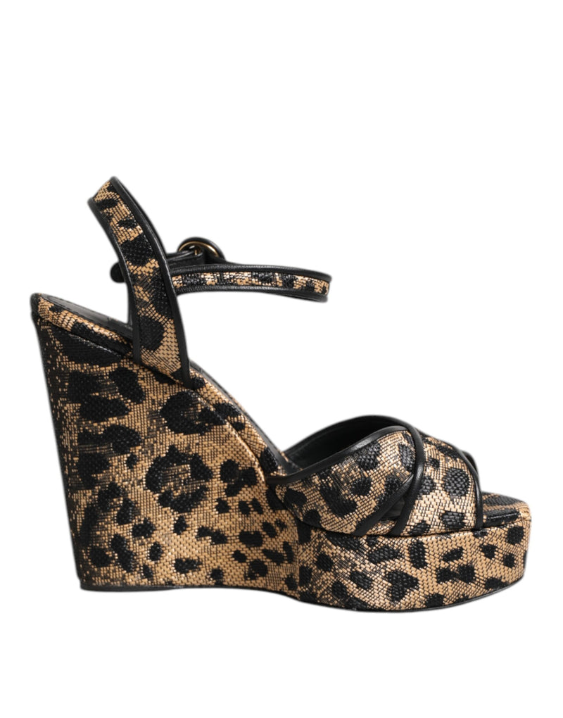 Brown Leopard Wedges Ankle Strap Sandals Shoes-Dolce & Gabbana-LabelTerrace.com