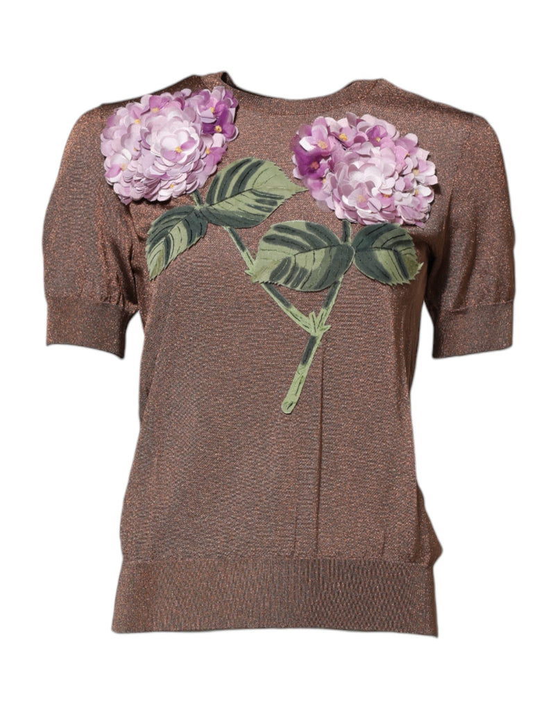 Brown Lily Embellished Round Neck Blouse Top-Dolce & Gabbana-LabelTerrace.com