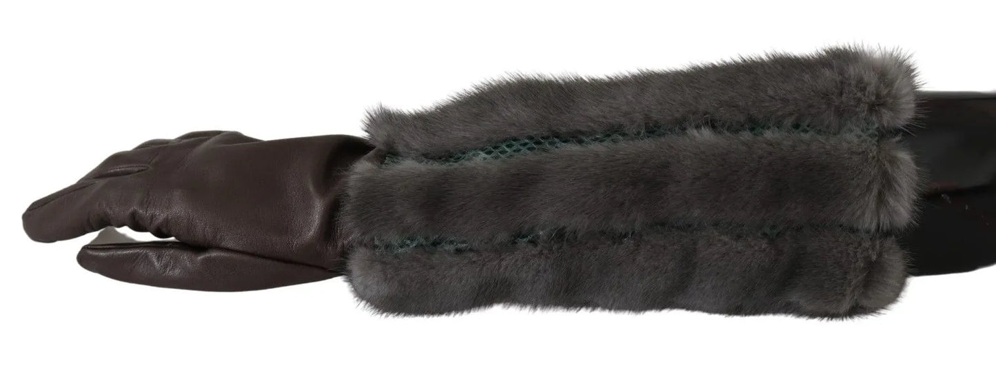 Brown Mid Arm Length Leather Fur Gloves-Dolce & Gabbana-LabelTerrace.com