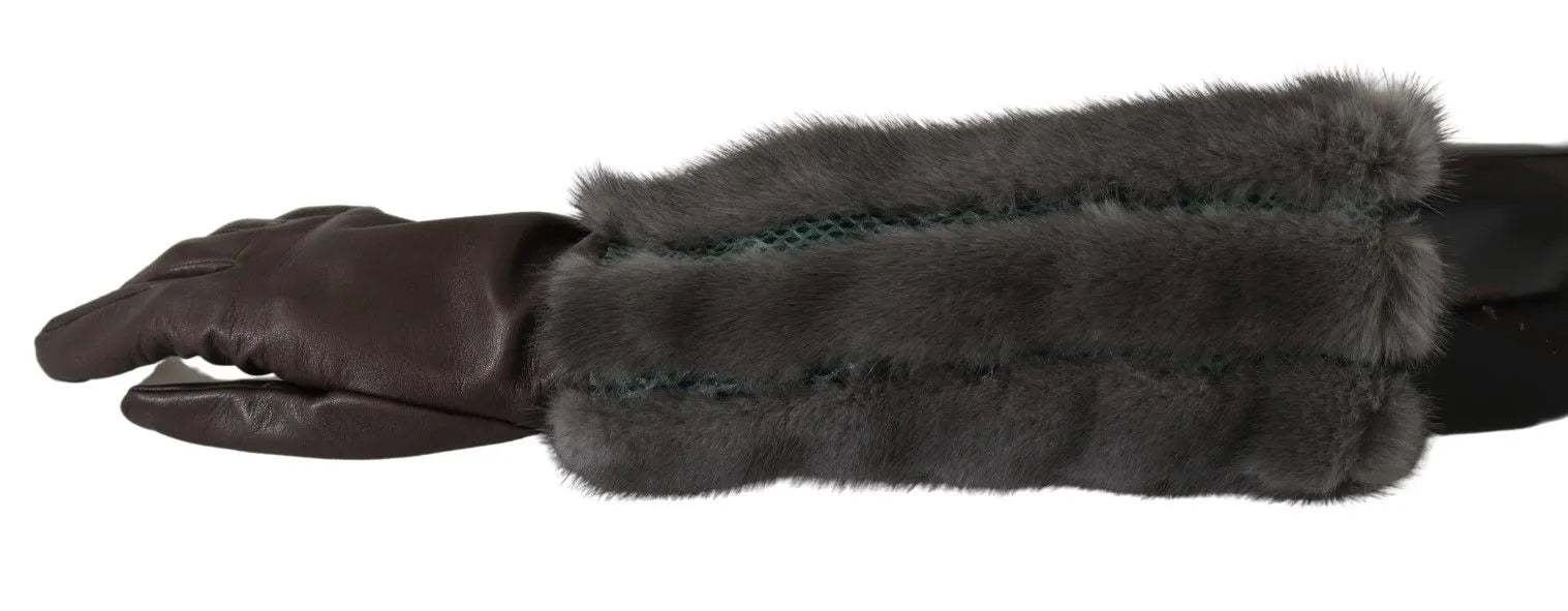 Brown Mid Arm Length Leather Fur Gloves-Dolce & Gabbana-LabelTerrace.com