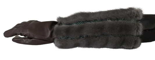 Brown Mid Arm Length Leather Fur Gloves-Dolce & Gabbana-LabelTerrace.com