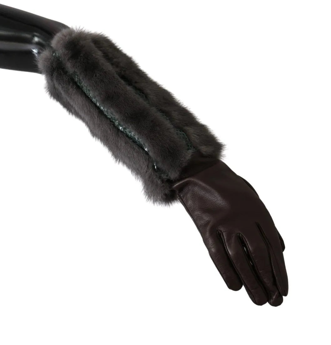 Brown Mid Arm Length Leather Fur Gloves-Dolce & Gabbana-LabelTerrace.com
