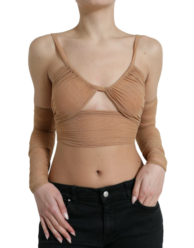 Brown Nylon Stretch Open Shoulder Cropped Top-Dolce & Gabbana-LabelTerrace.com