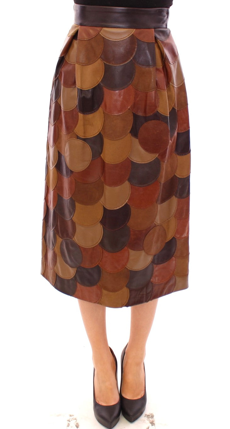 Brown Patchwork Leather Straight Skirt-Dolce & Gabbana-LabelTerrace.com