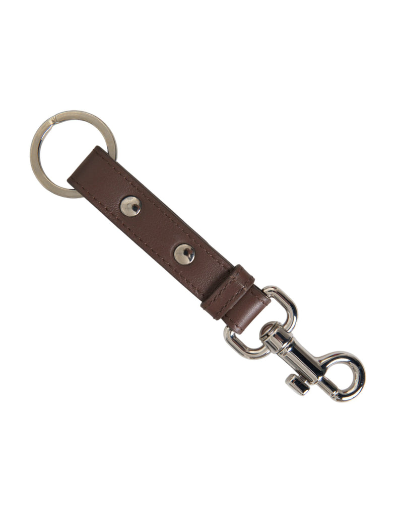 Brown Plain Leather Silver Brass Keyring Holder Keychain-Dolce & Gabbana-LabelTerrace.com