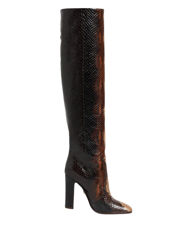 Brown Python Snakeskin Print Riding Boots Shoes-Dolce & Gabbana-LabelTerrace.com