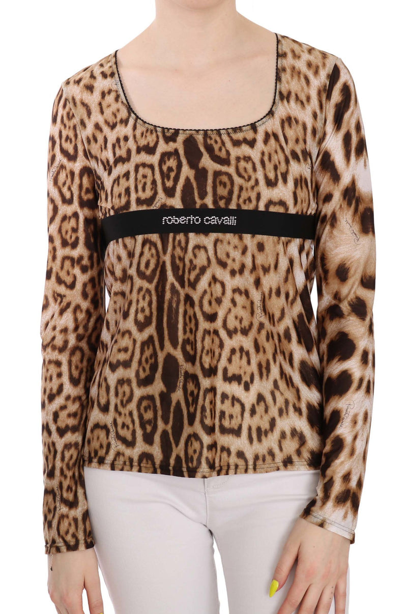 Brown Round Neck Leopard Women Top Blouse-Roberto Cavalli-LabelTerrace.com