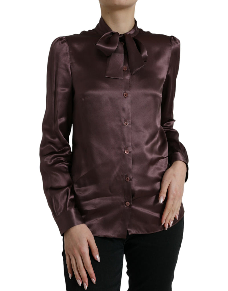Brown Silk Ascot Collar Long Sleeve Blouse Top-Dolce & Gabbana-LabelTerrace.com