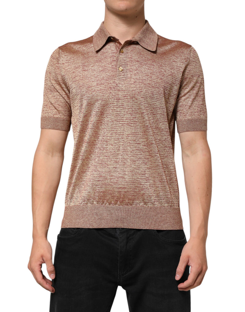Brown Silk Textured Short Sleeve Polo T-shirt-Dolce & Gabbana-LabelTerrace.com
