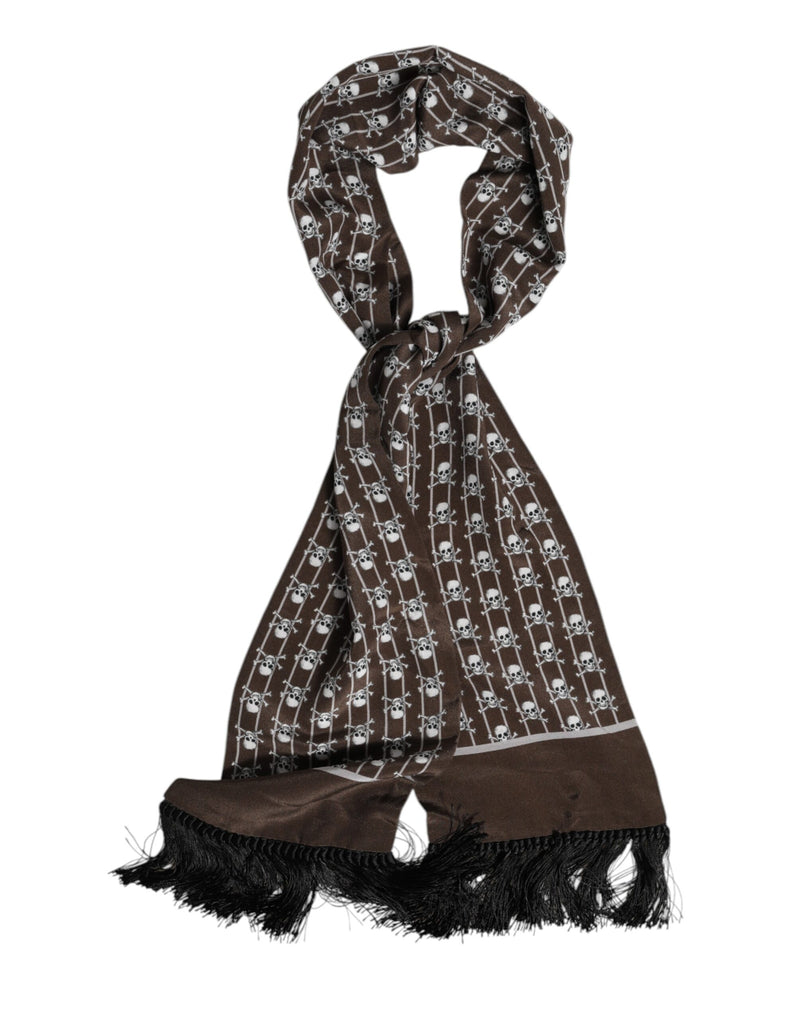 Brown Skulls Print Fringes Men Foulard Scarf-Dolce & Gabbana-LabelTerrace.com
