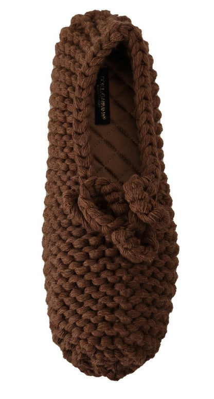 Brown Slip On Ballerina Flats Wool Knit Shoes-Dolce & Gabbana-LabelTerrace.com