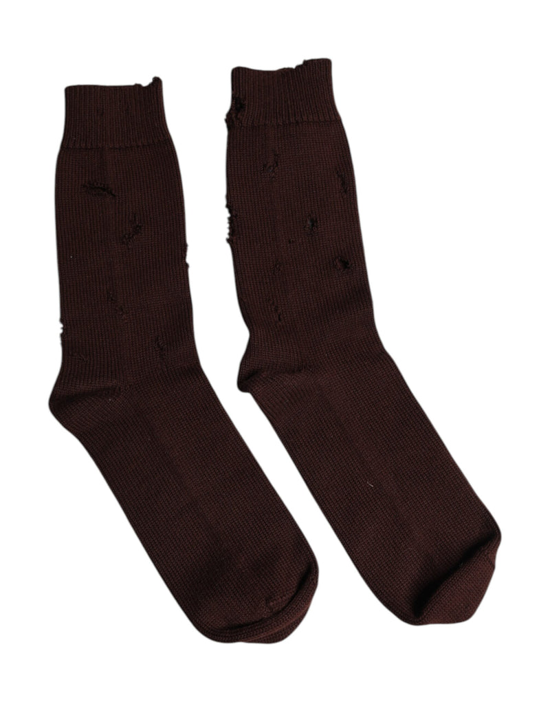 Brown Solid Cotton Stretch Mid Calf Socks-Dolce & Gabbana-LabelTerrace.com