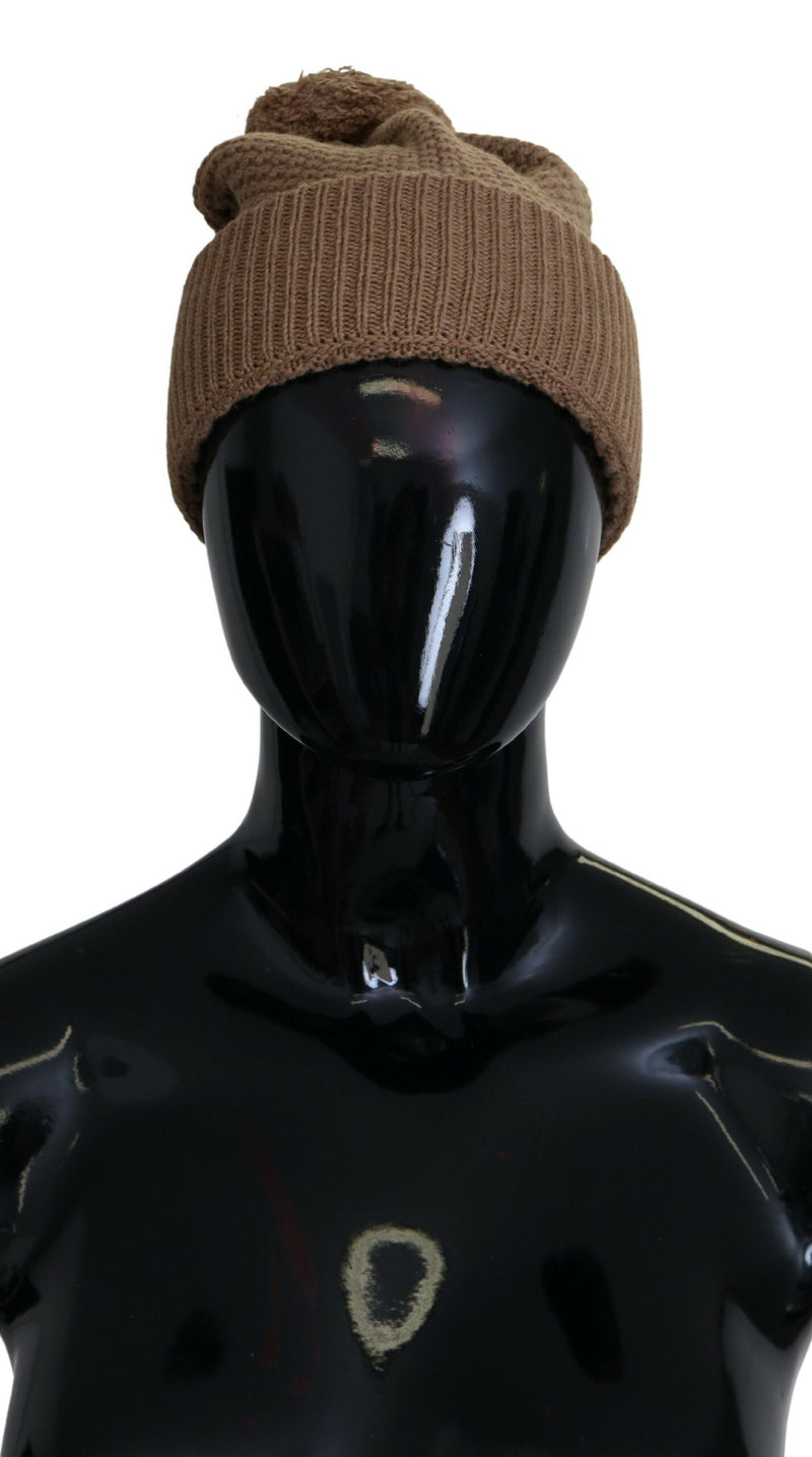 Brown Solid Knitted Fur Ball Winter Beanie Hat-Dolce & Gabbana-LabelTerrace.com