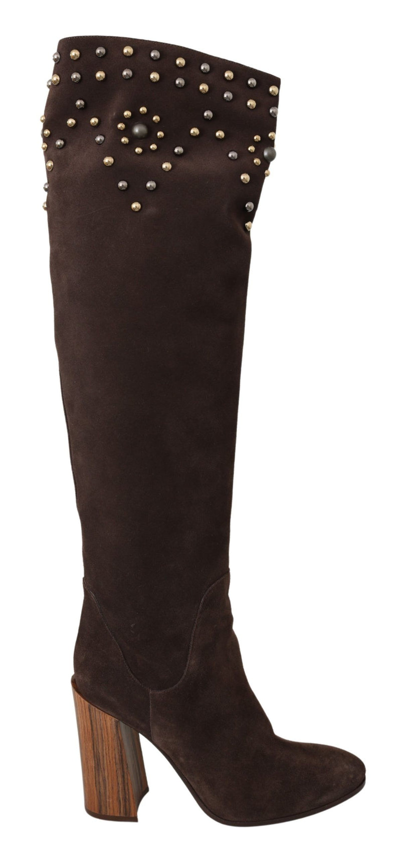 Brown Suede Studded Knee High Shoes Boots-Dolce & Gabbana-LabelTerrace.com