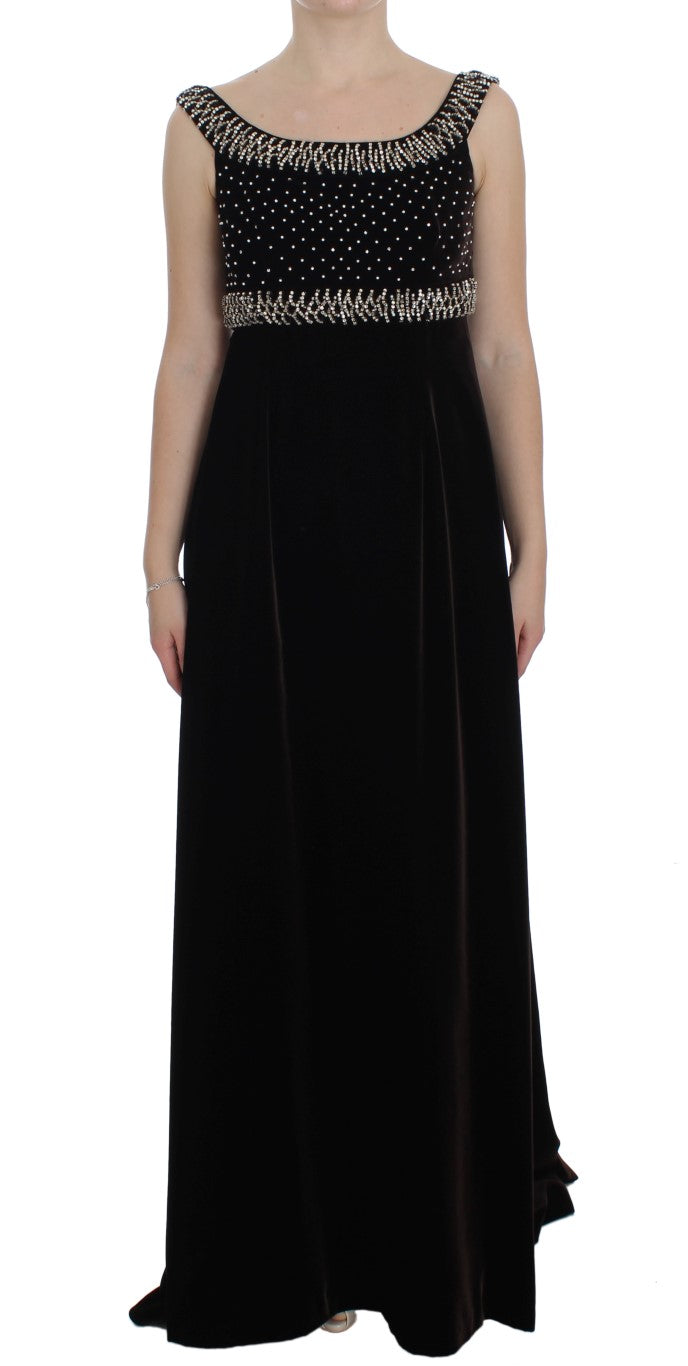 Brown Velvet Crystal Sheath Gown Dress-Dolce & Gabbana-LabelTerrace.com