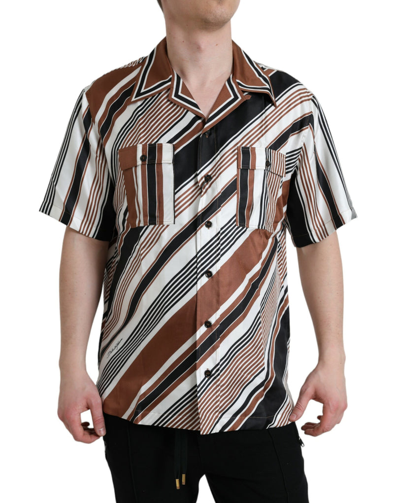 Brown White Silk Striped Short Sleeve Shirt-Dolce & Gabbana-LabelTerrace.com
