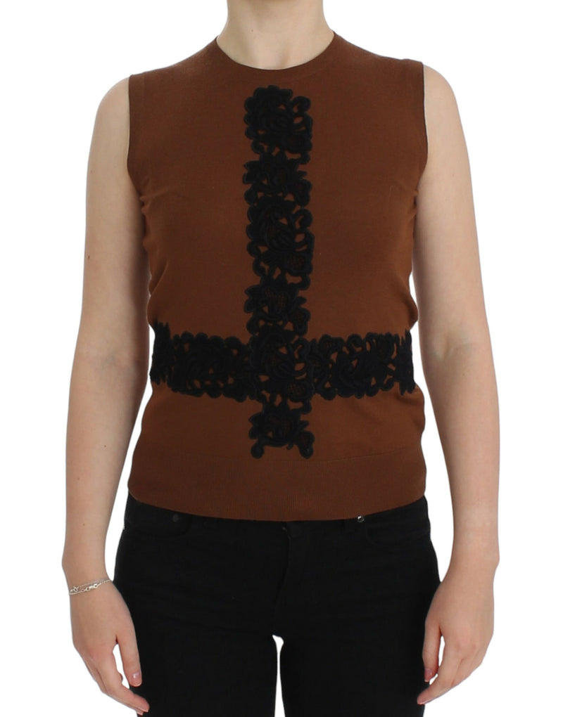 Brown Wool Black Lace Vest Sweater Top-Dolce & Gabbana-LabelTerrace.com