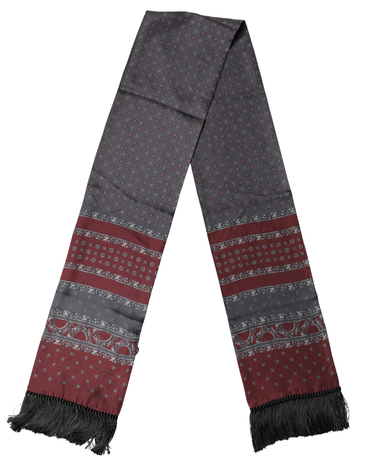 Burgundy Gray Patterned Fringe Foulard 141cm X 15.5cm Scarf