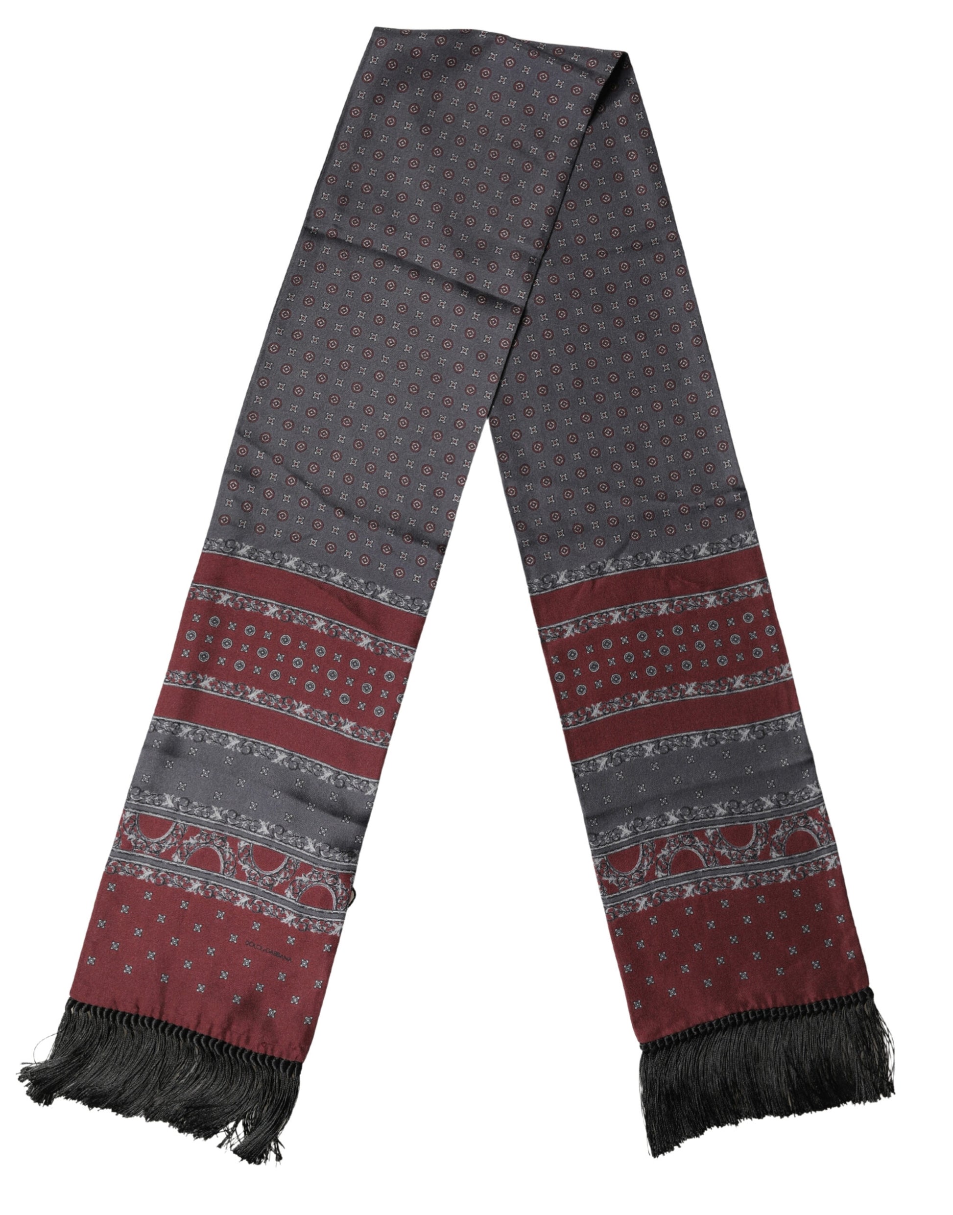 Burgundy Gray Patterned Fringe Foulard 141cm X 15.5cm Scarf