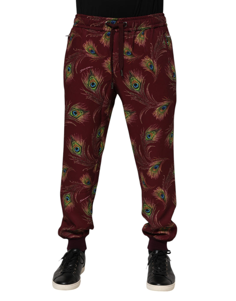 Burgundy Peacock Feather Print Jogger Pants-Dolce & Gabbana-LabelTerrace.com
