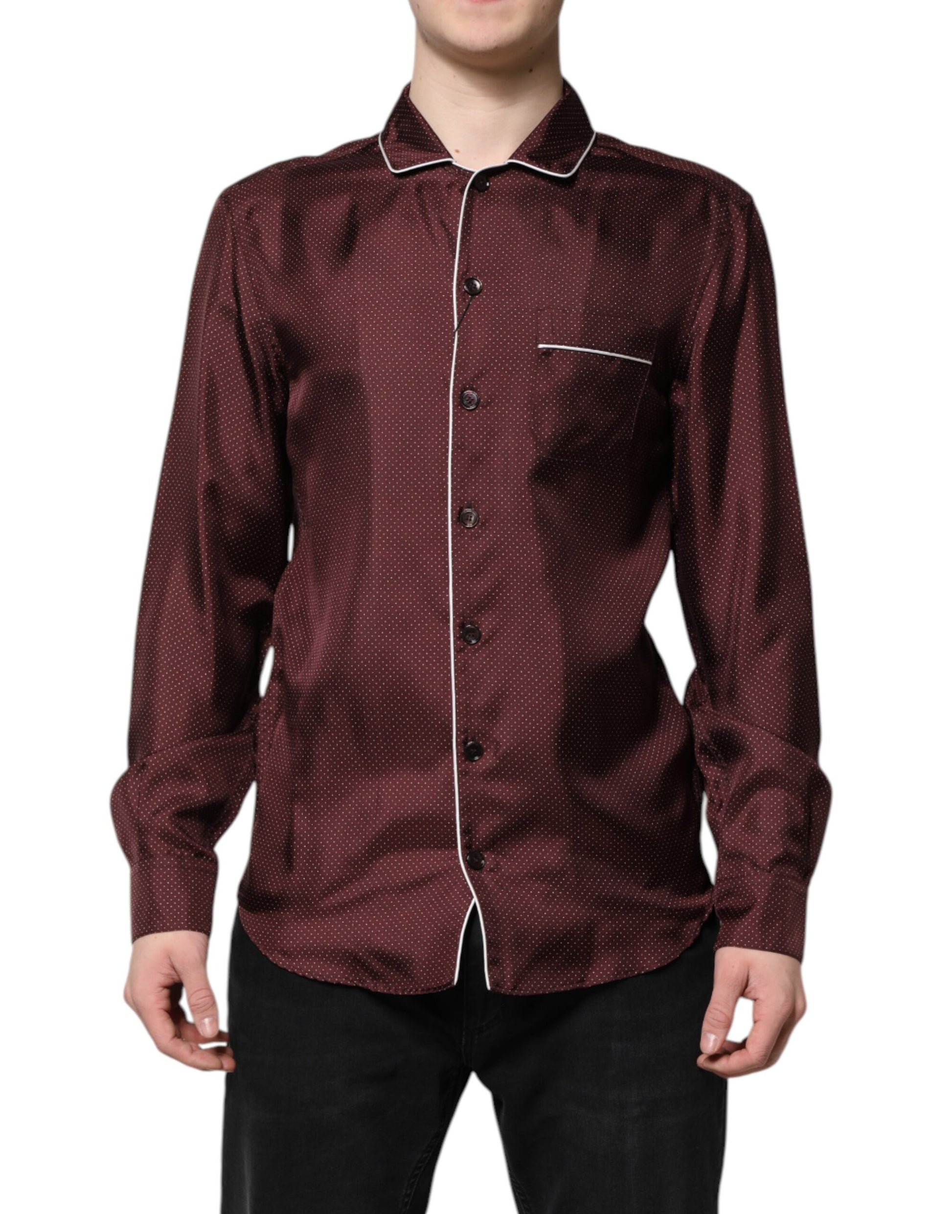 Burgundy Silk Dotted Long Sleeves Shirt-Dolce & Gabbana-LabelTerrace.com