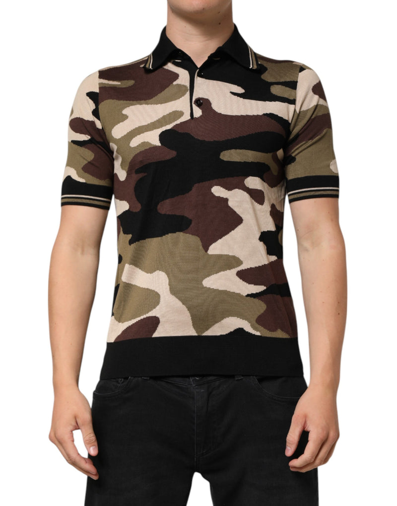 Camouflage Brown Silk MilitaryPolo T-shirt-Dolce & Gabbana-LabelTerrace.com