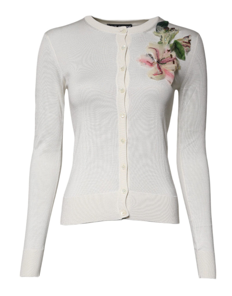 Cream Floral Silk Embellished Cardigan Sweater-Dolce & Gabbana-LabelTerrace.com