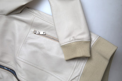Cream Leather Bomber Blouson Full Zip Jacket