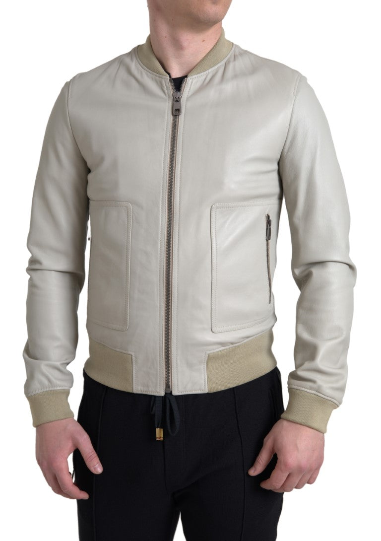 Cream Leather Bomber Blouson Full Zip Jacket-Dolce & Gabbana-LabelTerrace.com
