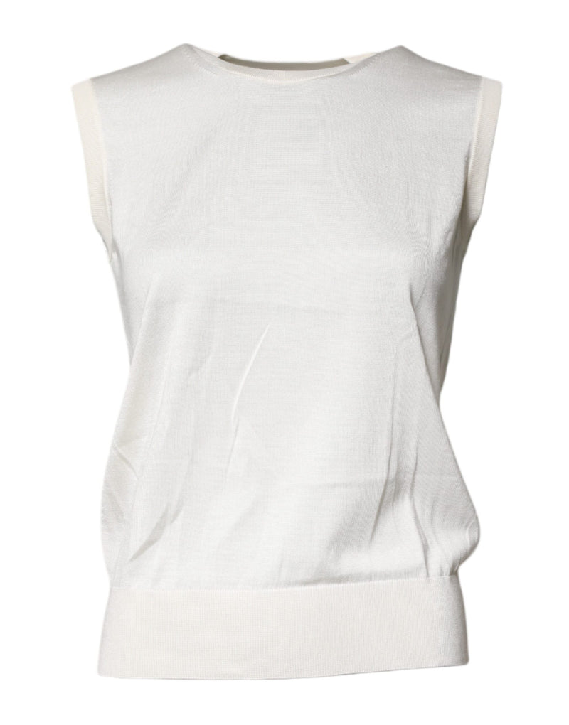 Cream Sleeveless Silk Round Neck Tank Top-Dolce & Gabbana-LabelTerrace.com
