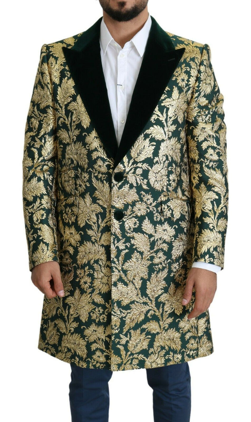 DOLCE & GABBANA Jacket SICILIA Green Gold Jacquard Long Coat-Dolce & Gabbana-LabelTerrace.com