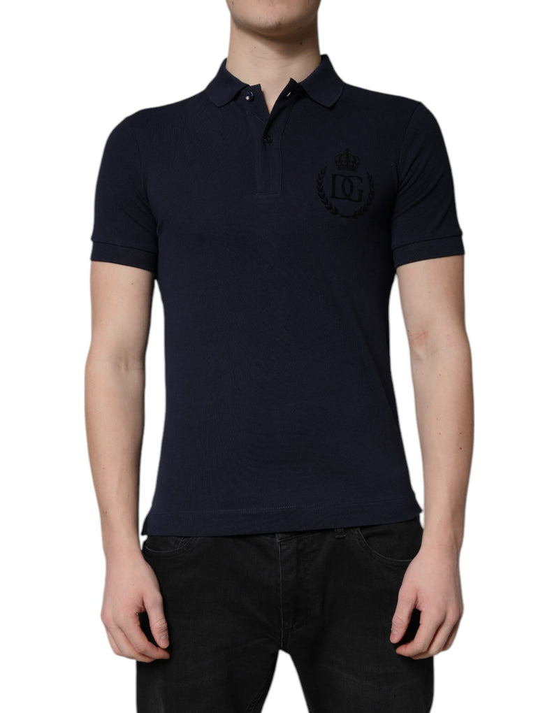 Dark Blue Cotton Crown Collared Polo T-shirt-Dolce & Gabbana-LabelTerrace.com