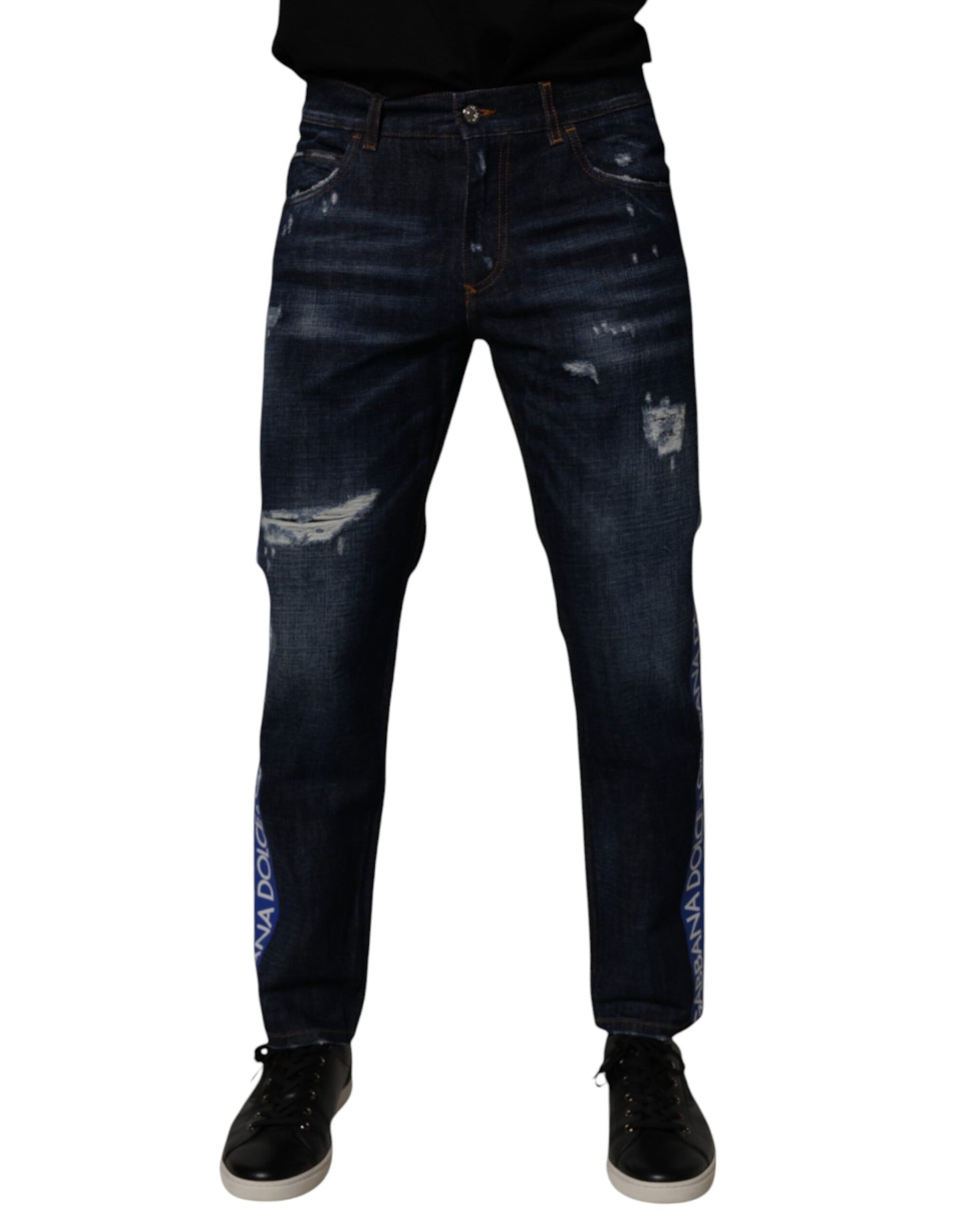 Dark Blue Cotton Tattered Skinny Denim Jeans-Dolce & Gabbana-LabelTerrace.com
