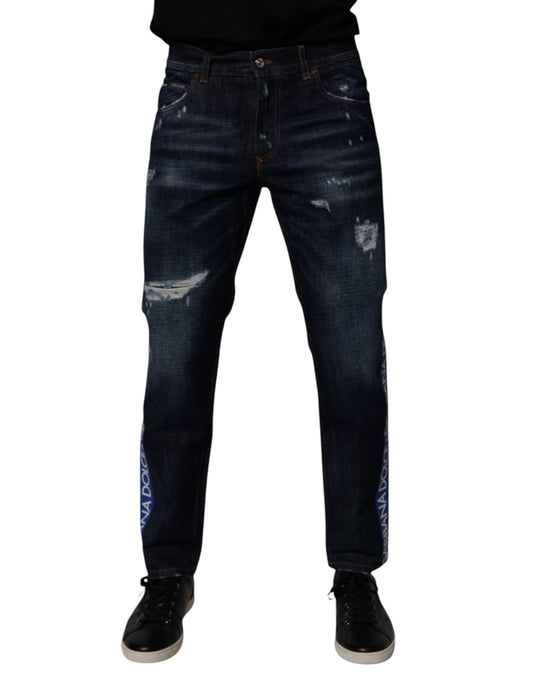 Dark Blue Cotton Tattered Skinny Denim Jeans-Dolce & Gabbana-LabelTerrace.com