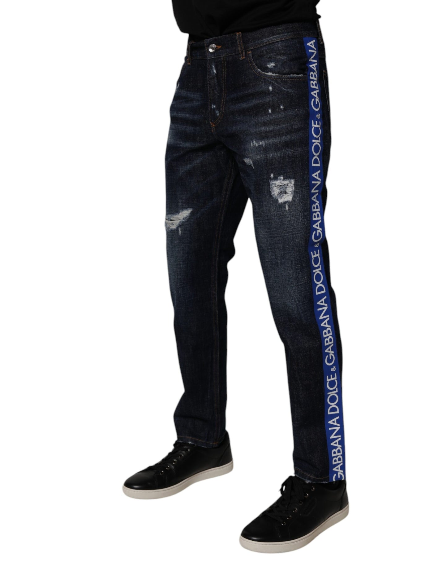 Dark Blue Cotton Tattered Skinny Denim Jeans-Dolce & Gabbana-LabelTerrace.com