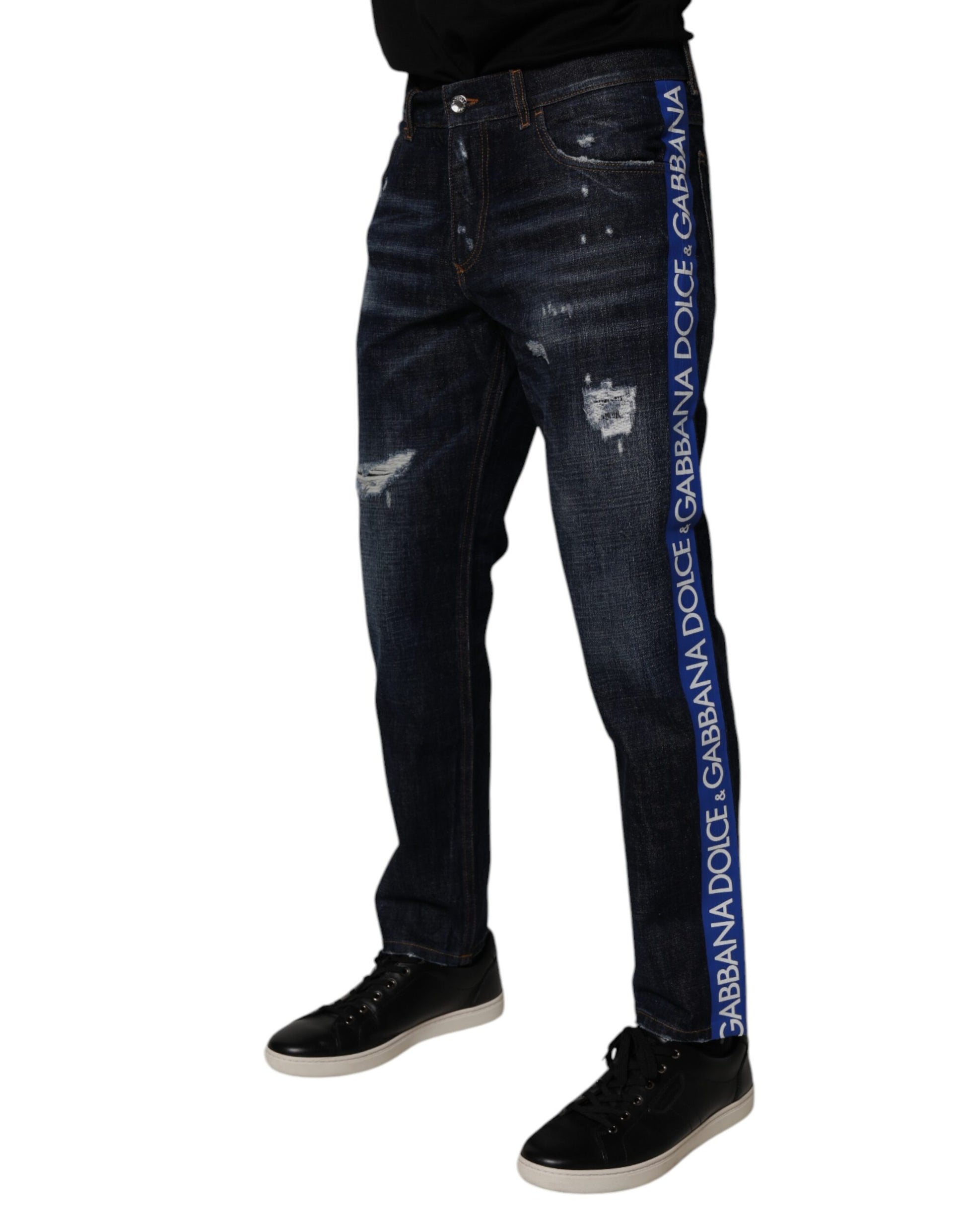 Dark Blue Cotton Tattered Skinny Denim Jeans-Dolce & Gabbana-LabelTerrace.com