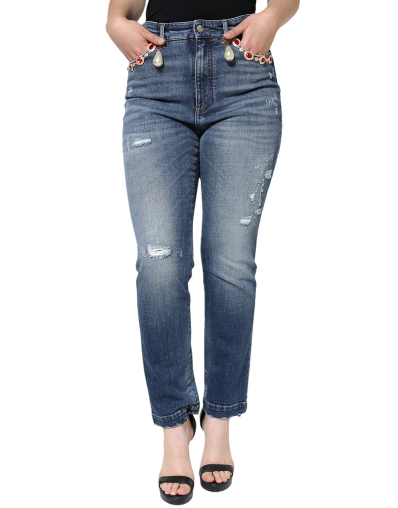 Dark Blue Cotton Tattered Skinny Denim Jeans-Dolce & Gabbana-LabelTerrace.com