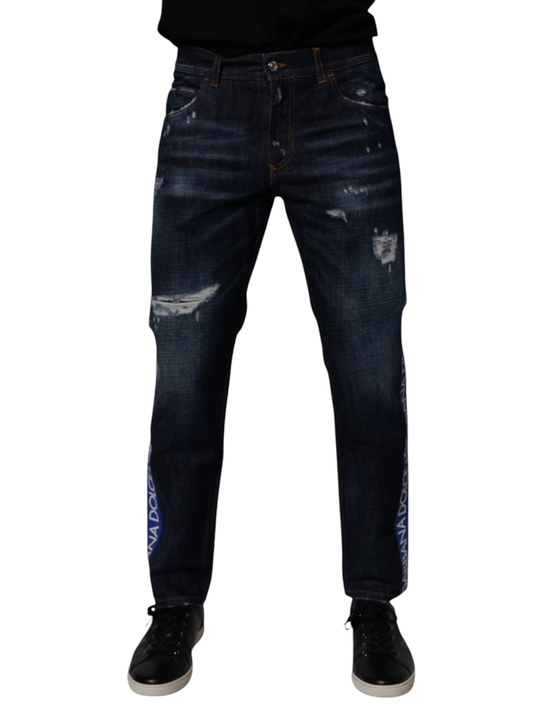 Dark Blue Cotton Tattered Skinny Denim Jeans-Dolce & Gabbana-LabelTerrace.com