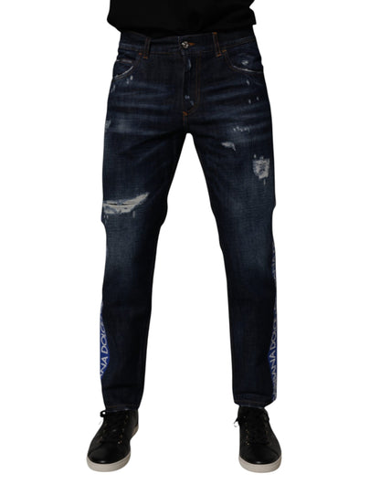 Dark Blue Cotton Tattered Skinny Denim Jeans-Dolce & Gabbana-LabelTerrace.com