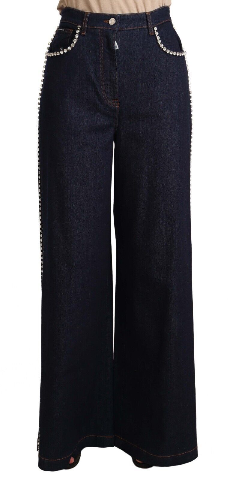 Dark Blue Crystal Embellished Flare Jeans-Dolce & Gabbana-LabelTerrace.com
