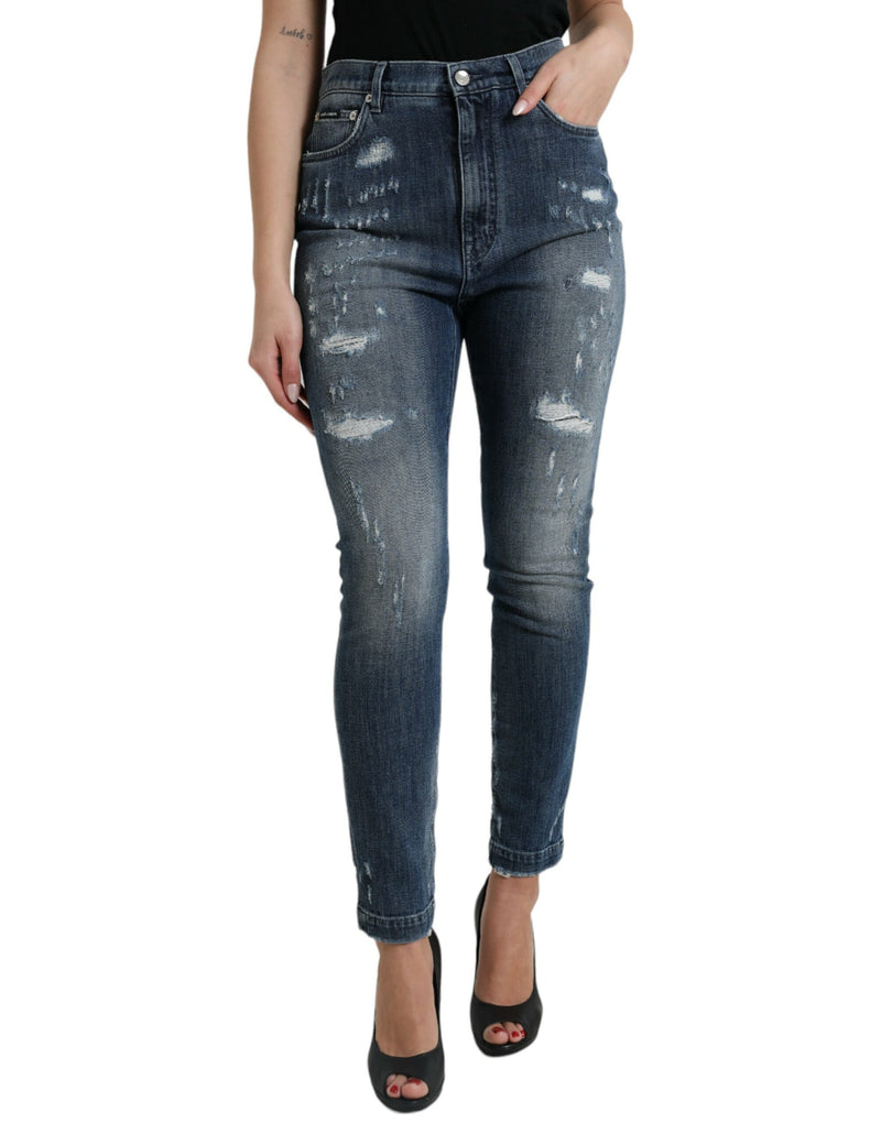 Dark Blue Distressed GRACE Skinny Denim Jeans-Dolce & Gabbana-LabelTerrace.com