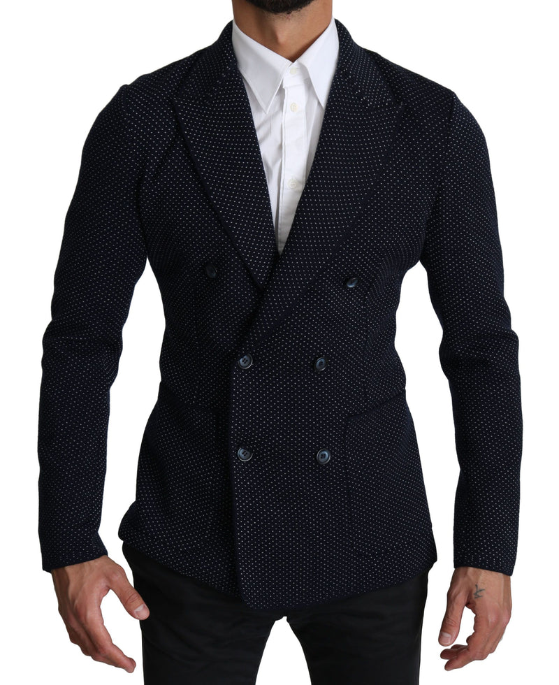 Dark Blue Dotted Double Breasted Coat Blazer-Dolce & Gabbana-LabelTerrace.com