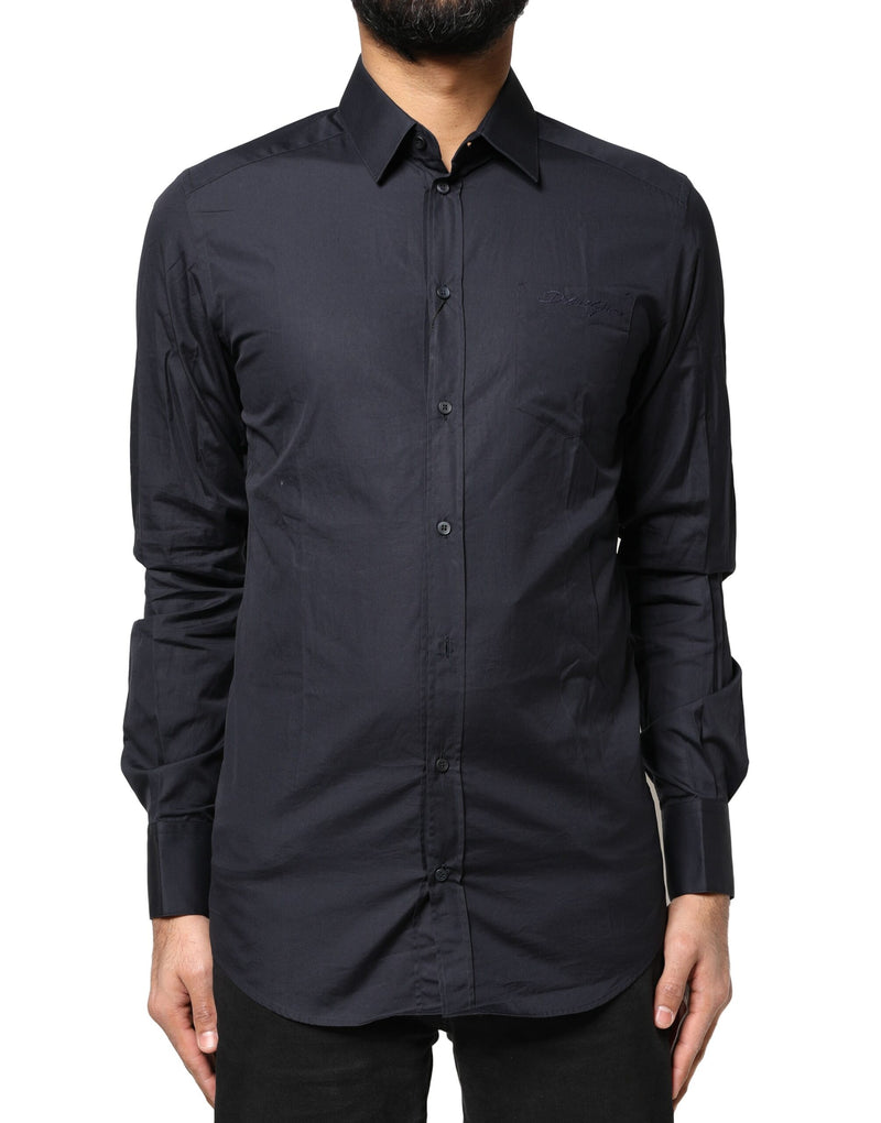 Dark Blue GOLD Cotton Long Sleeves Dress Shirt-Dolce & Gabbana-LabelTerrace.com