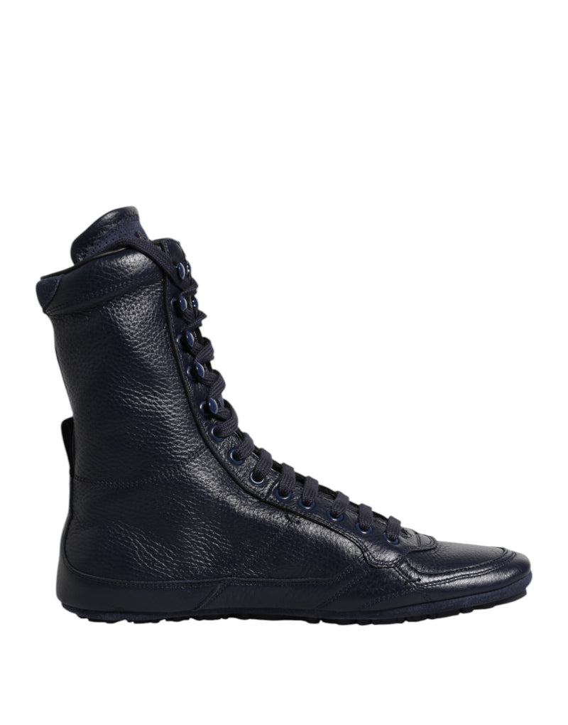 Dark Blue Leather KING High Top Sneakers Shoes-Dolce & Gabbana-LabelTerrace.com