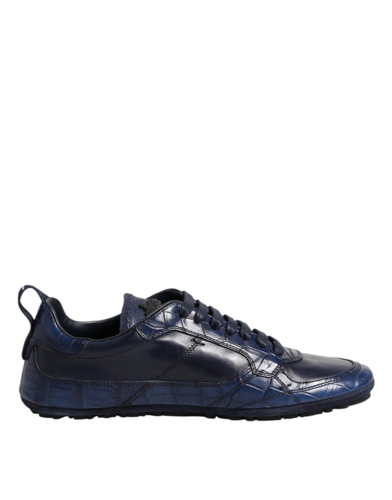 Dark Blue Leather Low Top Men Sneakers Shoes-Dolce & Gabbana-LabelTerrace.com