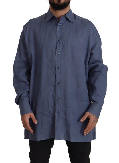 Dark Blue Linen Slim Fit Dress Formal Men Shirt