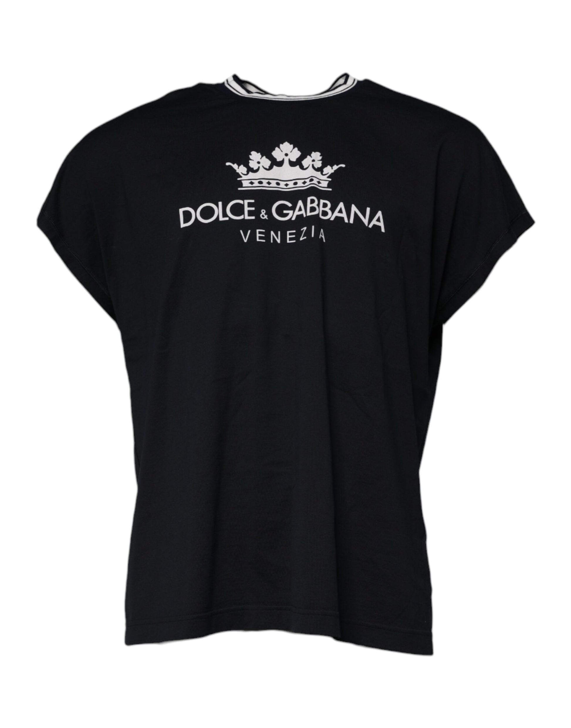 Dark Blue Logo Crown Cotton Crew Neck T-shirt-Dolce & Gabbana-LabelTerrace.com