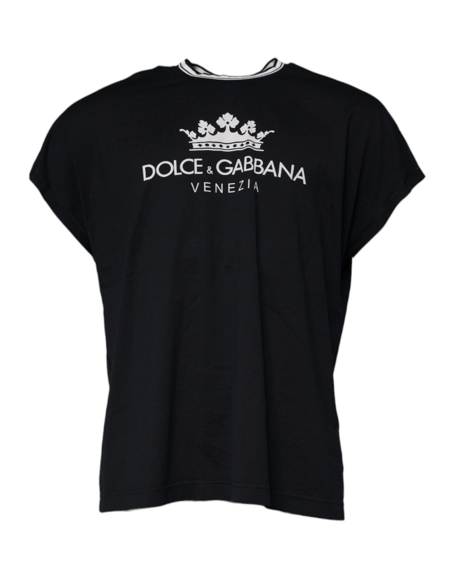 Dark Blue Logo Crown Cotton Crew Neck T-shirt-Dolce & Gabbana-LabelTerrace.com