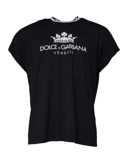 Dark Blue Logo Crown Cotton Crew Neck T-shirt-Dolce & Gabbana-LabelTerrace.com